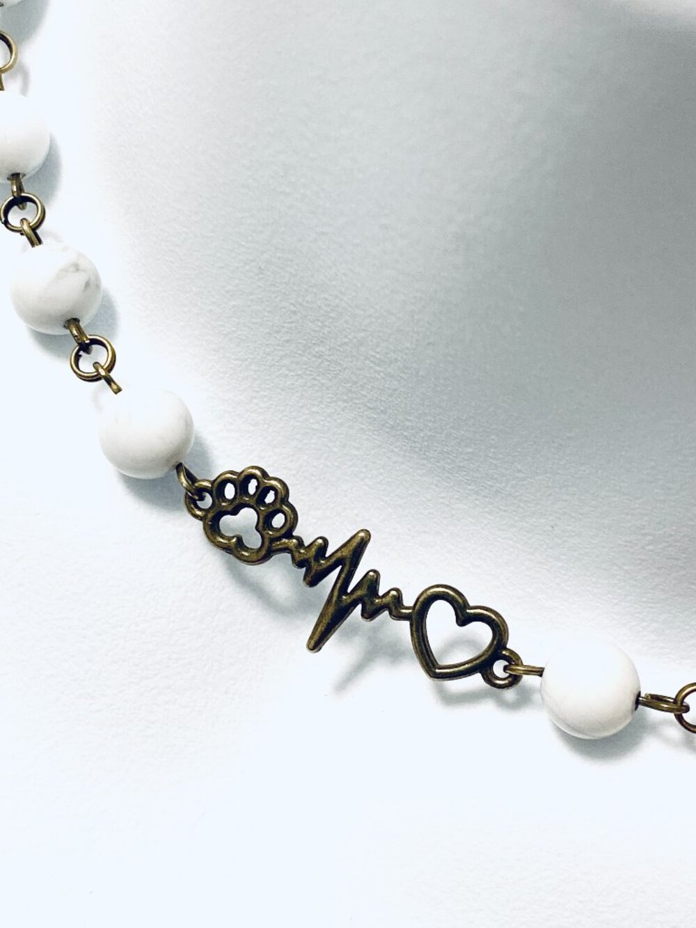 Genuine White Magnesite Short Necklace, Gemstone & Bronze Paw Print Heart Beat